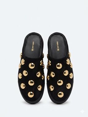 Osklen Black Velvet Mules with Gold Dome Studs